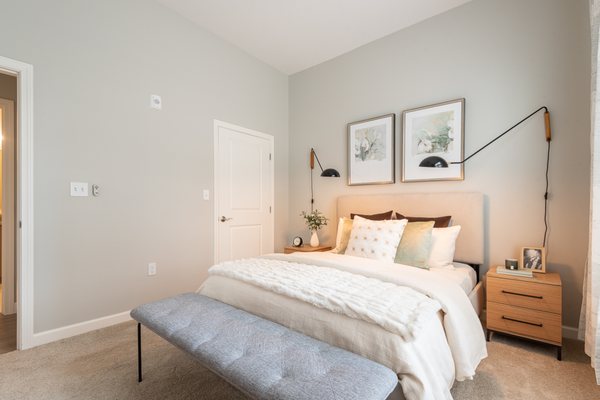 Large bedroom with plush carpeting