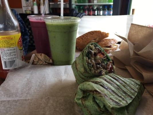 Veggie burrito, smoothies, and breakfast panini