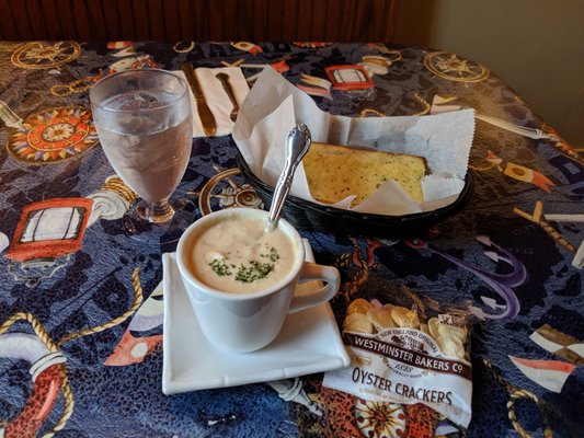 Delicious Clam chowder, made in house and garlic bread.