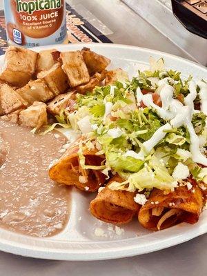 Chicken Enchiladas, Beans, and Potatoes