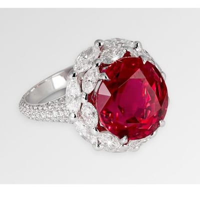 Custom Made Ring. Ruby, Diamonds set in 18K White Gold.