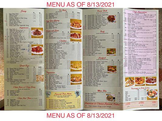 Menu as of 8/13/2021