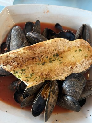 mussels in red sauce, served with garlic bread