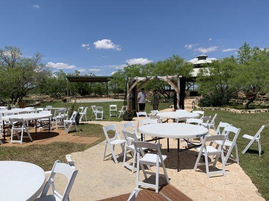 Patio, Gazebo, dance area. Plenty of space for outside area. Night time is light up and looks beautiful.