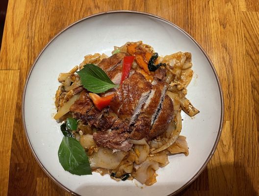 Drunken noodles with crispy duck