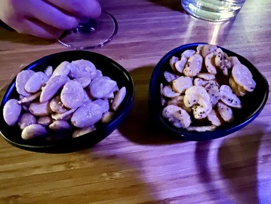 Marcona almonds (L); Crispy fava beans (R)