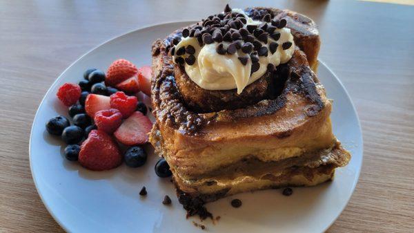 Cannoli Stuffed French Toast w/strawberries, raspberries, and blueberries: Homemade cannoli filling was great!