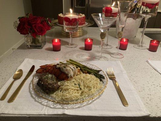 Romantic Surf n' turf with her butter linguine and roasted asparagus