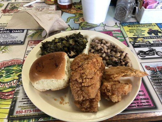 Fried Chicken with collards and black eyes.