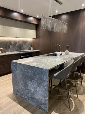 Msi Grey Marble Island with Mitered waterfall edge full height backsplash