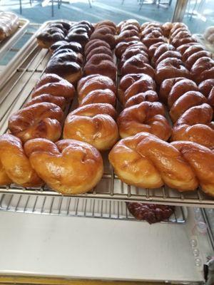 Glazed, cinnamon, and chocolate twists.