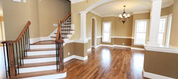 staircase install new treads, balusters and handrail; sand and finish hickory hardwood floors