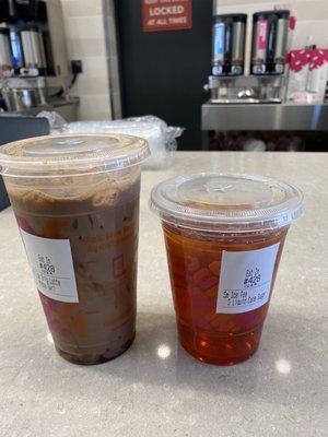 Iced mocha latte and a small iced tea sweetened