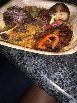 Short ribs plantain rice and I think hush puppy.