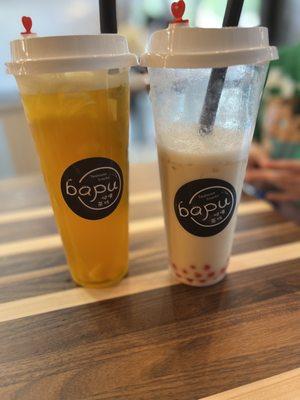 Mango fruit tree Original green milk tea with strawberry popping boba