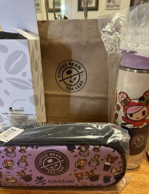 The Coffee Bean & Tea Leaf Company collaboration with Tokidoki tumbler and ornament pouch.