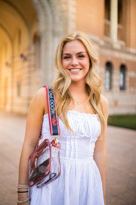 Desden clear purse with printed purse strap for University of Arkansas. From the Bridget collection by Desden.