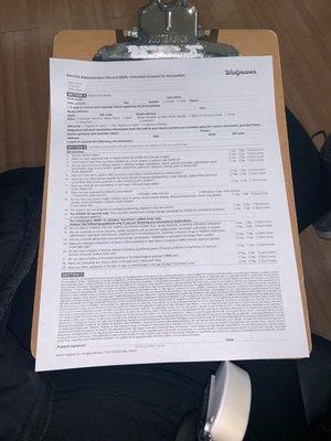 Walgreen's required Vaccine Administration Record form