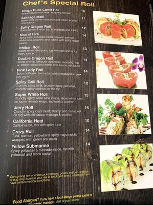 Chef Special Roll Menu