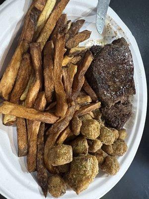 Steak with fries and okra