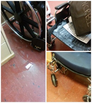 Patients routinely left in soiled undergarments for hours. Note the puddles under wheelchairs.