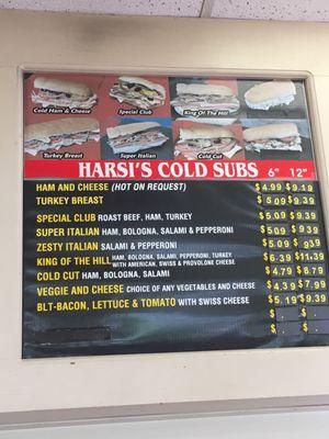 Cold subs menu