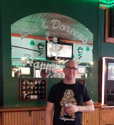 Ryan Caughie, grandson of Bob the Hat, having a cold one at Les & Doreens.