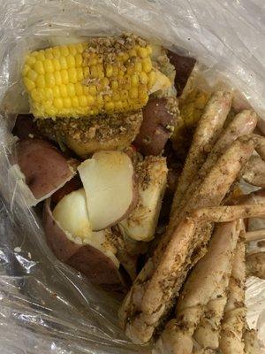 1 pound of Snow Crab legs, potatoes and corn (I ordered an extra corn and some extra potatoes).