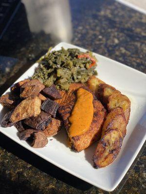 Steel head trout, roasted sweet potatoes. Calalloo