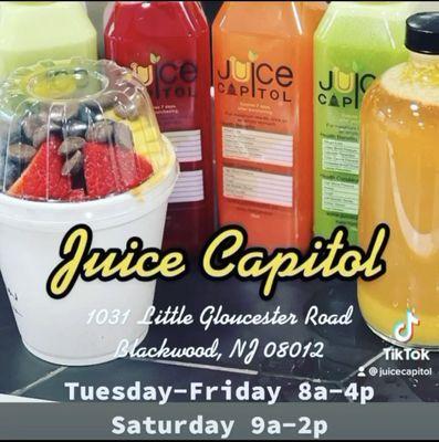 Juice Capitol hours. Grab and go juices and wellness tea.