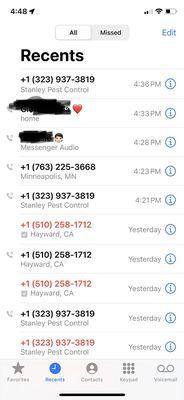 My call log to prove I never received a call other than the ones stated on this review.