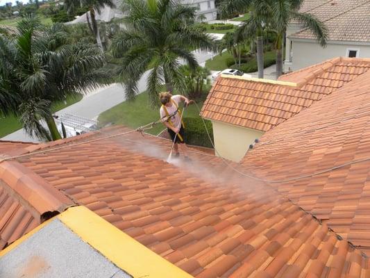 Cleaning a roof on Sanibel.