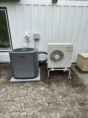 Trane ac condenser for main living space, Mitsubishi Trane mini split heat pump system for four seasons room.