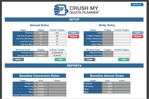 Quota Planning tool for a sales coach. Allows daily, weekly, and monthly goal setting and progress tracking.