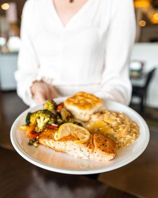 Our Chef's Farm Table also features healthier options like fresh salmon & mixed veggies