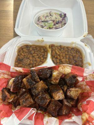 Rib Tips, baked beans and Cole slaw!! These tips are so tender.... and just the right amount..