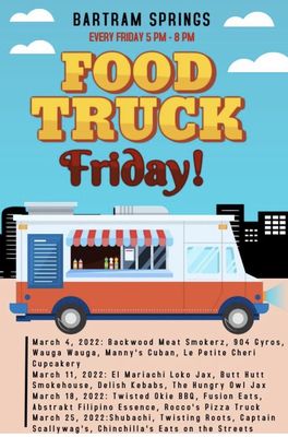 ﾟ*:｡ ﾟ*:｡  \ (*‿*) / Hello March. Stop by from 5-8 for #FoodTruckFriday at the beautiful neighborhood Amenity Center-#BartramSprings.