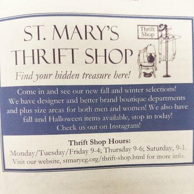 We have "flash sales" and incredible deals everyday.  Check us out on Instagram: @st.mary.visitation.thriftstore