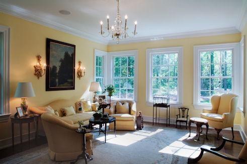 Interior view of the projecting bay of the Music Room. All of the door and window casings, baseboards, and cornices were desi...