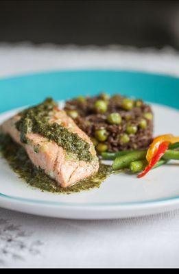 Baked Salmon topped with La Talaye Green Sauce Rice Djondjon (wild Mushrooms)