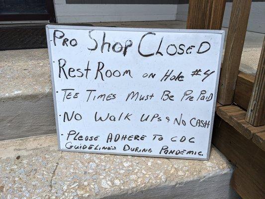 Pro shop still closed to non-employees as of July 3, 2021 due to the ongoing COVID-19 pandemic.