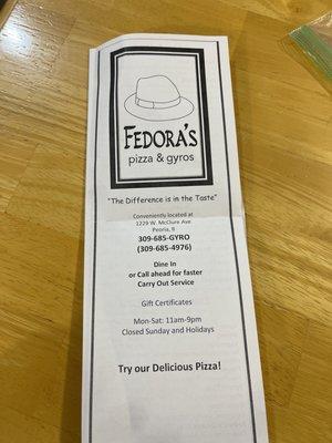 Fedoras menu 11/28/2021