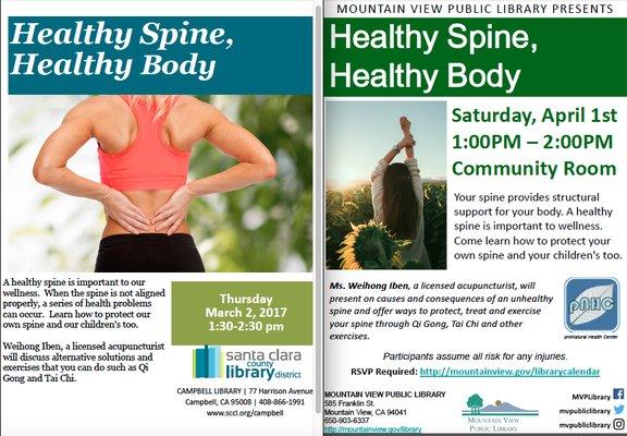 Please join us for the health talks. FREE. Campbell Public Library, 1:30-2:30pm, 3/2/17. Mountain View Public Library, 1-2pm, 4/1/17