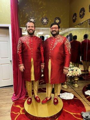 Traditional Desi men's wedding clothing, formal wear, red silk with gold embroidery