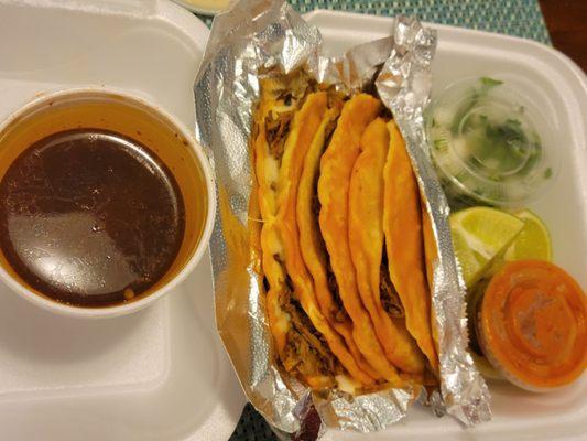 #3 2 birria tacos & 1 quesabirria taco with condiments and consumme