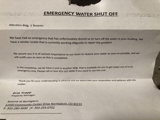 The notice that says they will notify us when our water can be turned back on.