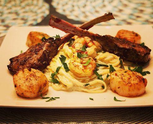 Lamb Chops with Shrimp Alfredo and Sautéed Scallops