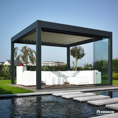 aluminum pergola with operable blades - open to allow optimal sun and light in, or close to form waterproof roof