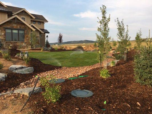 New sprinkler system, irrigation systems new. Creative dry creek. Granite boulder and we also planted everything.