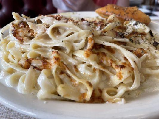 Chicken Alfredo.  The "toasty" bits are the chicken pieces.